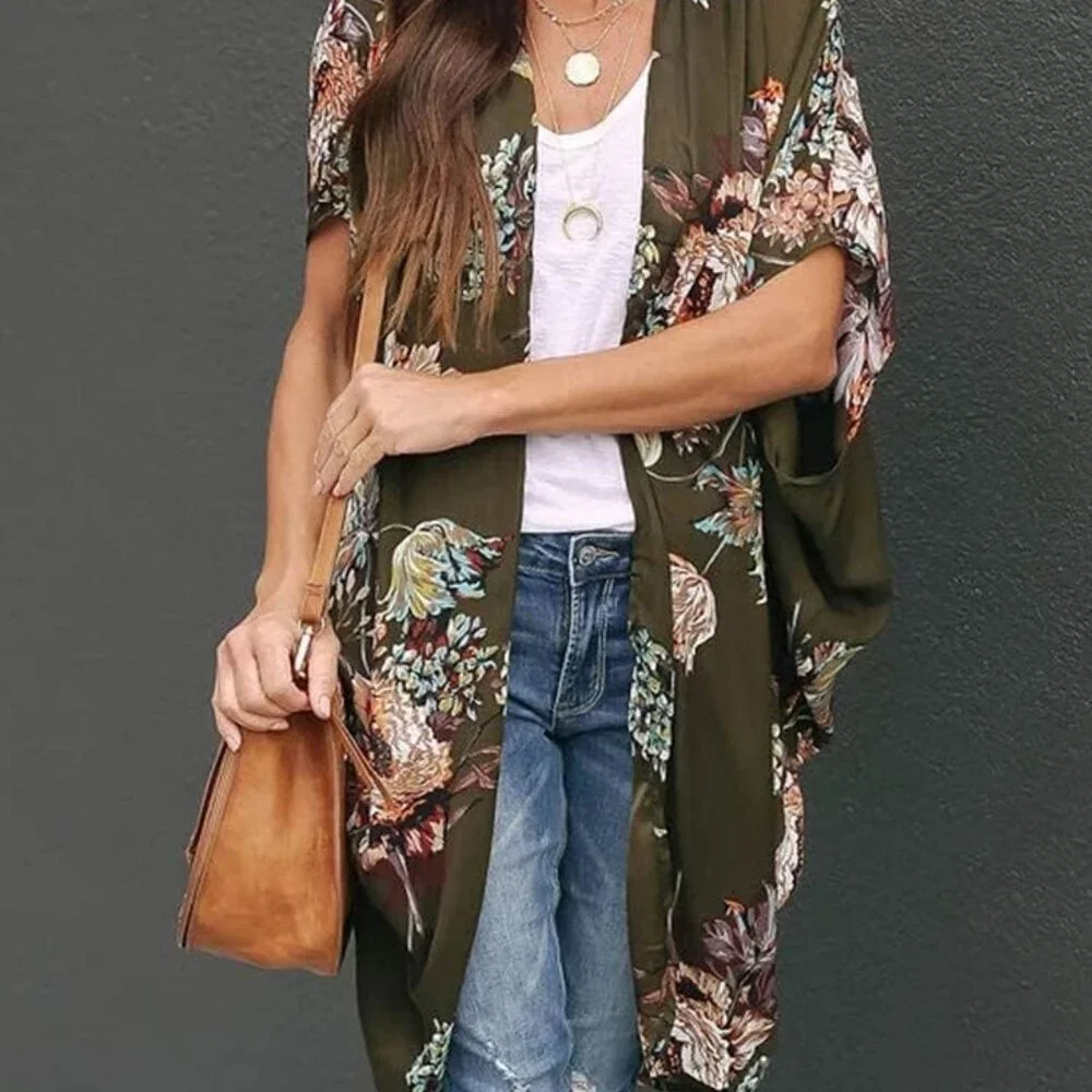 Womens Floral Kimono Duster Cardigans Short Sleeve Draped Oversized Beach Cover - Picture 2 of 6